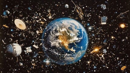 Obraz premium A wide-angle view of Earth surrounded by floating space debris, including large broken satellites and small metallic fragments glowing against the darkness of space