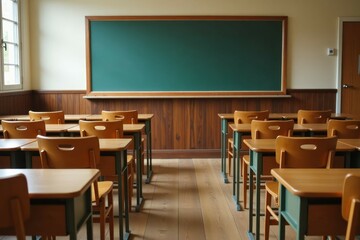 Empty Classroom With Wooden Desks And A Chalkboard
