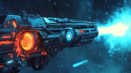A futuristic weapon emitting blue energy beams in a dark, rainy environment.