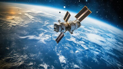 Close-up of space debris, including a shattered communication satellite and twisted metal fragments, drifting through orbit with a distant view of the planet below.