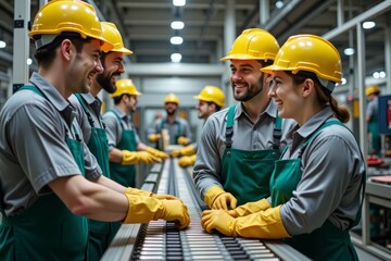 Factory Workers Collaborate on Assembly Line Production