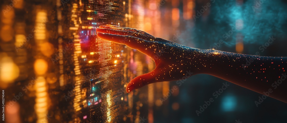 Poster a hand reaching to touch a digital display of flowing data and code, symbolizing digital innovation,