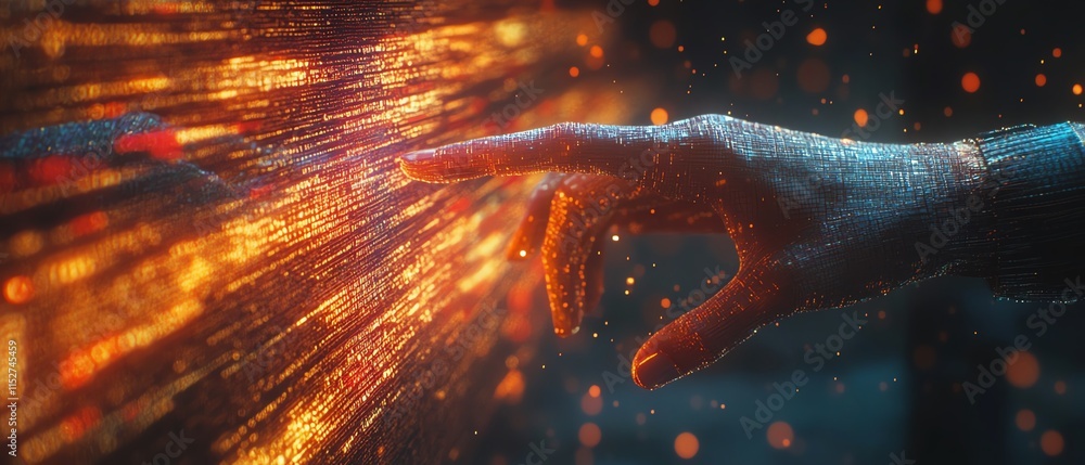 Poster a hand touching a digital screen with cascading code and data