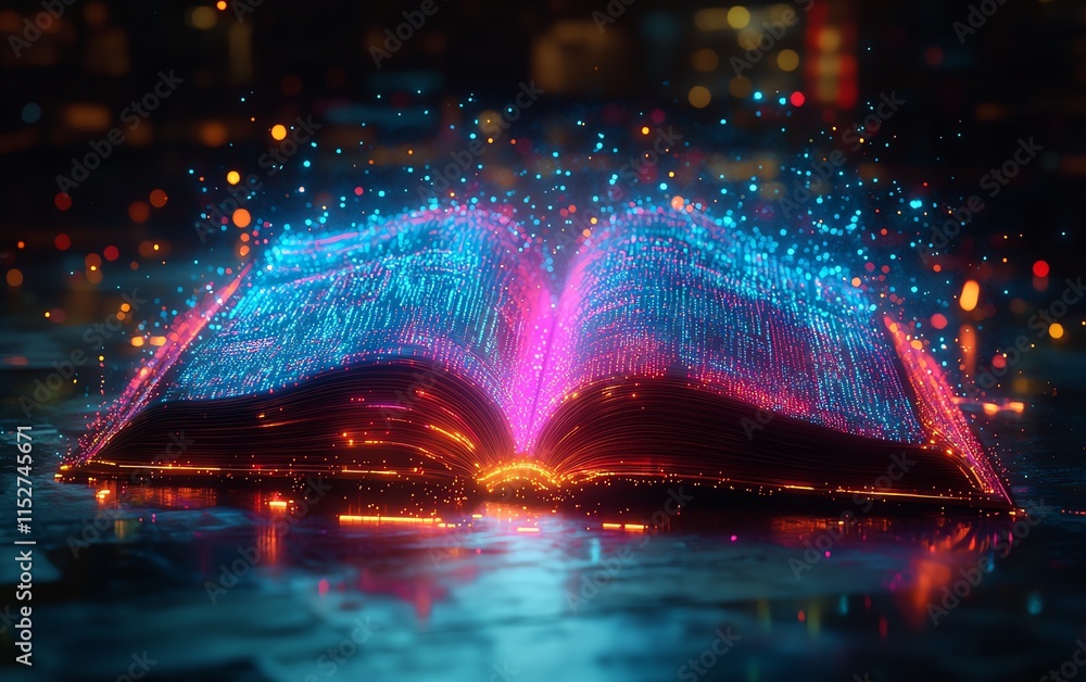 Poster a hightech digital book with colorful neon light trails flowing from its open pages