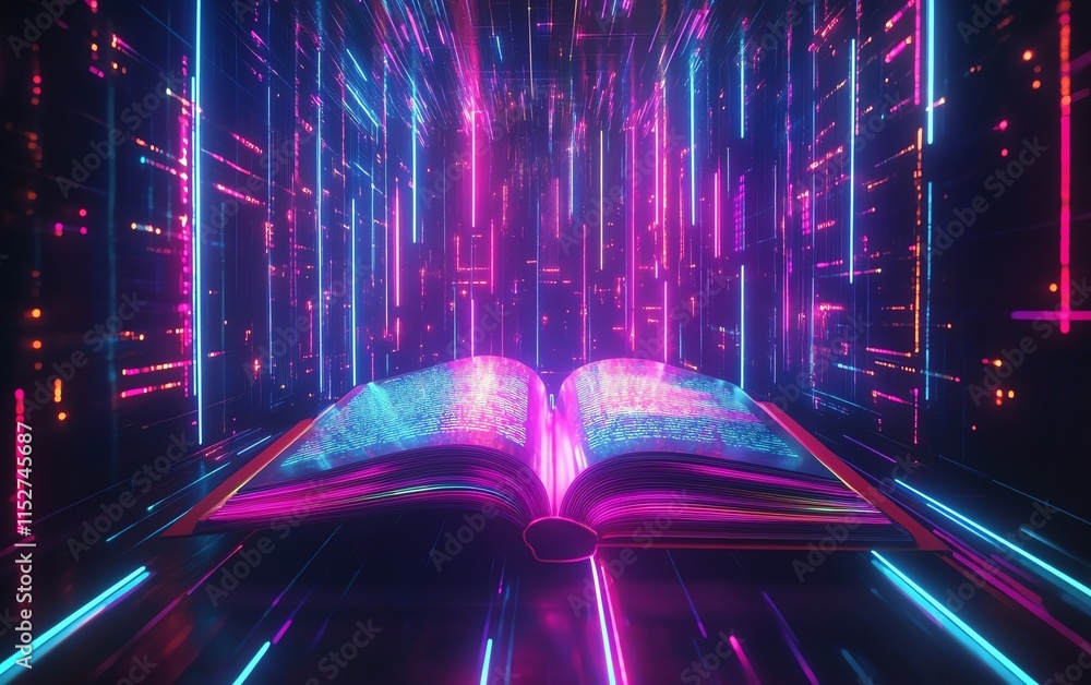 Poster a hightech digital book with colorful neon light trails flowing from its open pages