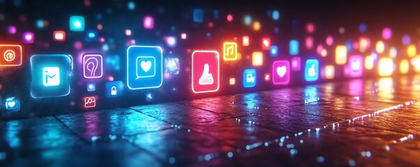 Fototapeta premium A modern digital design of glowing social media icons