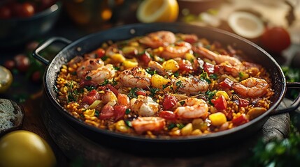 Paella made with seafood and rice, cooked to perfection.