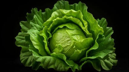 Fototapeta premium Fresh Green Lettuce Head Isolated on Black Background