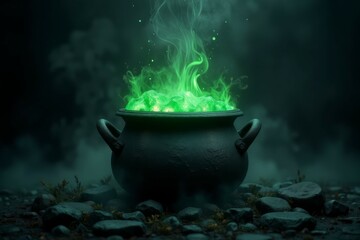 Glowing Green Potion Steaming In A Cauldron