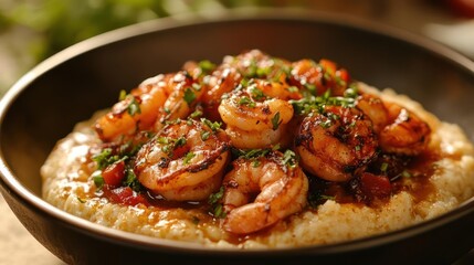 Fototapeta premium A dish featuring pasta with shrimp and possibly bacon on top, likely topped with a sauce or seasoning for flavor.