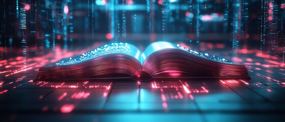 A stunning digital book in a futuristic setting with vibrant neon light trails flowing from the open pages
