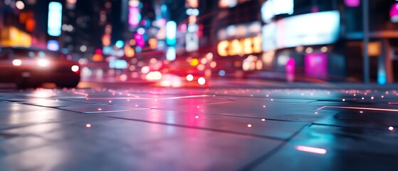 Obraz premium Night city street with blurred lights and glowing pavement.