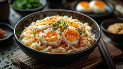 Close-up of a bowl containing a hearty Asian noodle dish topped with fried eggs and spices.