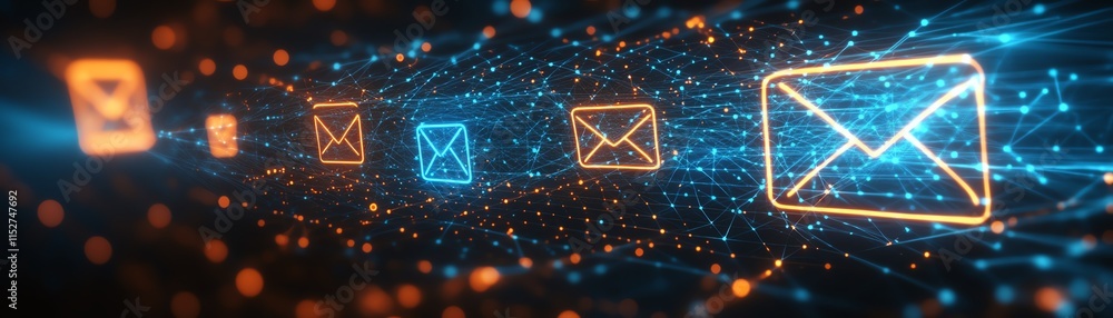 Poster glowing email icons illuminated in a digital network, representing the importance of communication a