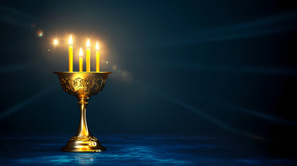 Stylish golden chalice with candles in a mysterious ambiance against a dark blue background with copy space. Chalice. Illustration