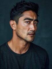 Fototapeta premium Portrait of a handsome man with short dark hair, looking sideways.