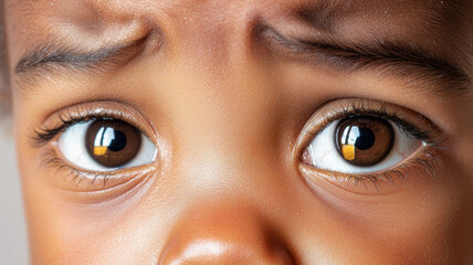 Naklejka premium Young child with fearful and sad eyes expressing emotion