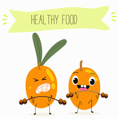 Sea buckthorn, funny berry, fruit cute cheerful characters. Vector hand drawn illistration.
