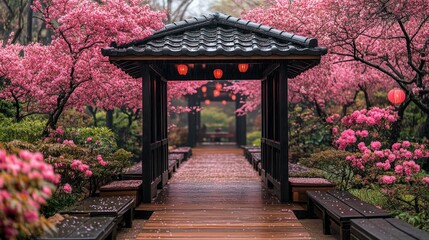 Obraz premium Rain in a Japanese garden with cherry blossoms and a wooden path.