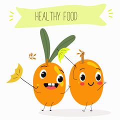 Sea buckthorn, funny berry, fruit cute cheerful characters. Vector hand drawn illistration.