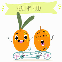 Sea buckthorn, funny berry, fruit cute cheerful characters. Vector hand drawn illistration.