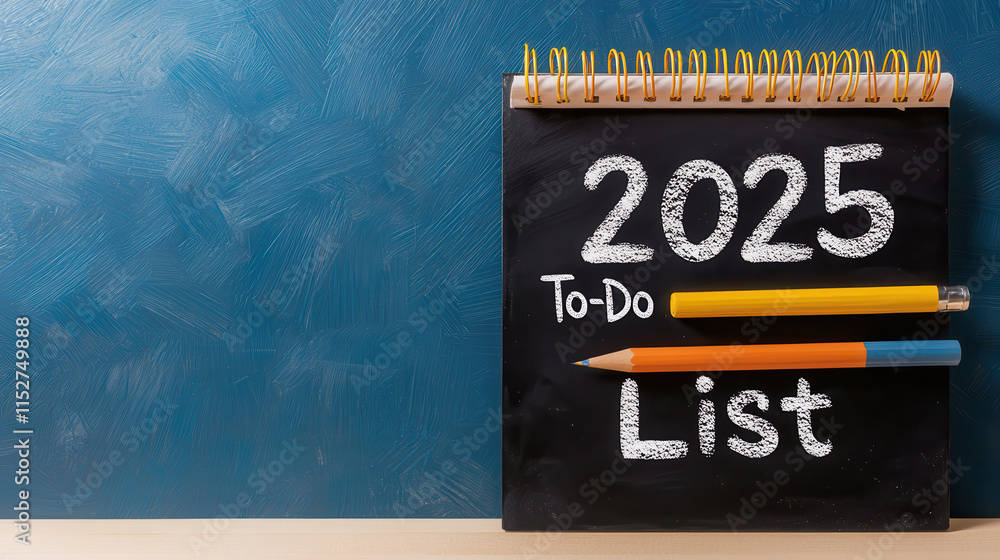 Poster to-do list 2025 concept. 2025 to do list on blackboard with colorful pencils for planning tasks