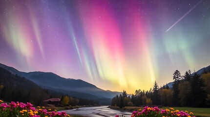 Spring Forest Mountain River in Nebula Starry Night