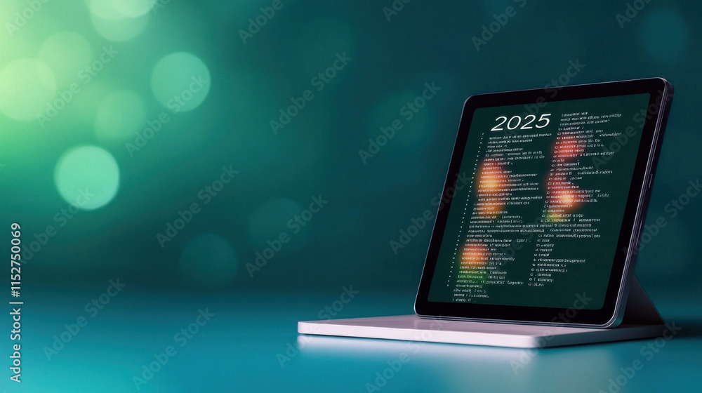 Poster to-do list 2025 concept. digital tablet displaying 2025 to do list with vibrant colors and bokeh