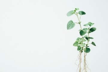 A close-up of a young herb plant with a few delicate leaves, roots dangling freely, set against a plain white backdrop.