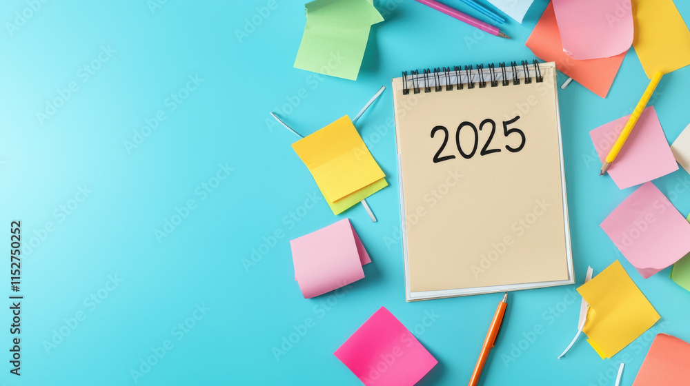Poster to-do list 2025 concept. colorful sticky notes surround notepad with 2025 written on it
