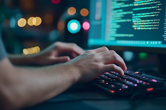 Programmer's hands coding at night on illuminated keyboard.