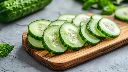 Close up sliced Cucumber on wooden board