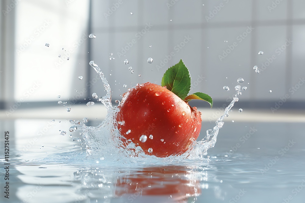 Poster red apple splashing into water, creating dynamic droplets.