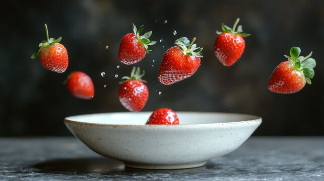 Fresh strawberries falling into ceramic bowl with water splashes, creating dynamic and vibrant scene
