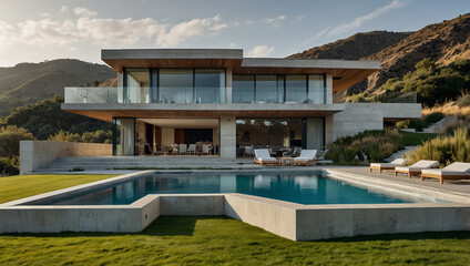 Fototapeta premium A modern house with a large pool, set on a hillside, overlooking a valley.
