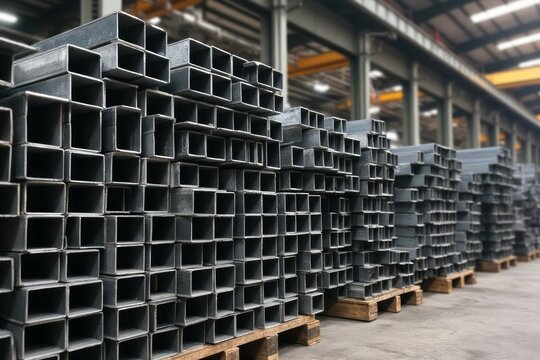 Square Steel Tubing Stacked On Pallets In A Warehouse