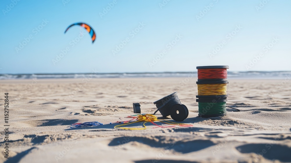 Poster a detailed kite flying setup on a breezy beach, kites and spools of string neatly organized, minimal