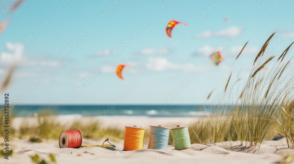 Poster a detailed kite flying setup on a breezy beach, kites and spools of string neatly organized, minimal