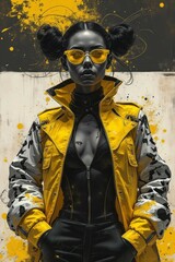 Stylish Woman in Yellow Jacket Posing Against Abstract Background