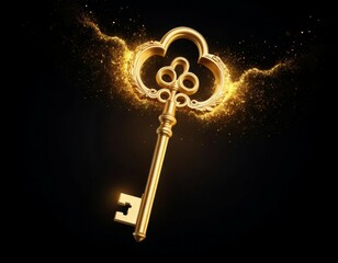 Golden Key with Sparkling Dust and Dramatic Lighting on Black Background
