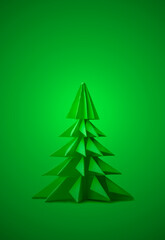 Obraz premium close-up of origami pine tree on bright green background, elegant card, minimalist paper crafted seasonal decoration with copy space