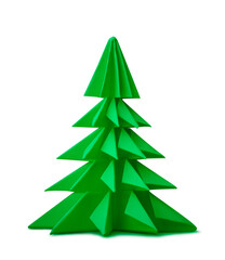 close-up of green origami pine tree isolated white background, elegant card, minimalist paper crafted seasonal decoration
