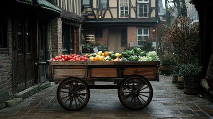Wooden cart filled with colorful vegetables in a cobblestone alley.