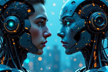 Two Robotic Heads Face Each Other in Futuristic City Setting