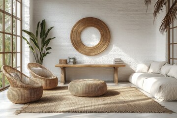 Elegant home office with white brick wall, wooden desk, and rattan chairs, minimalist interior design, modern living room in the morning, space for text.