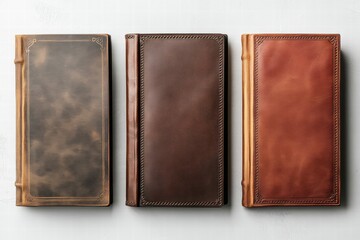 Three Leather-Bound Books on White Background