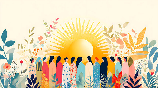Colorful illustration of diverse women standing together with rising sun, symbolizing unity and empowerment