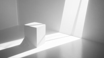 Minimalist white cube in sunlit room.