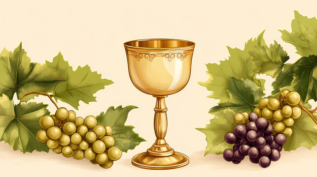 First communion background with chalice and grapes. Chalice. Illustration