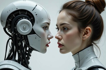 Woman and Robot Face Each Other in Close Proximity